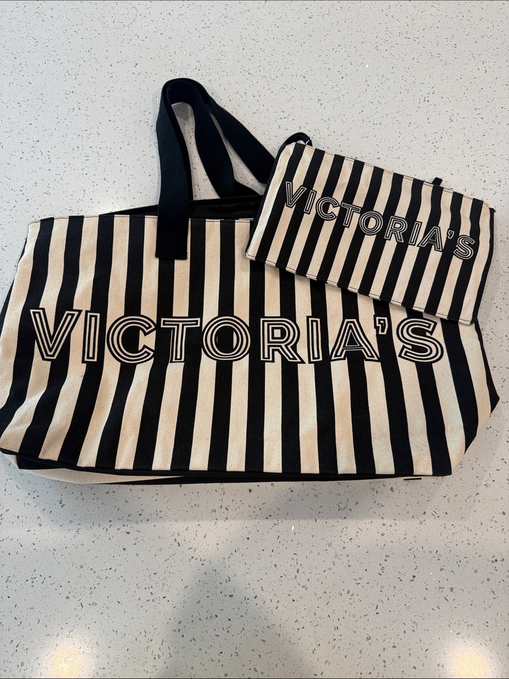 Victoria’s Secret striped canvas tote bag with matching wristlet